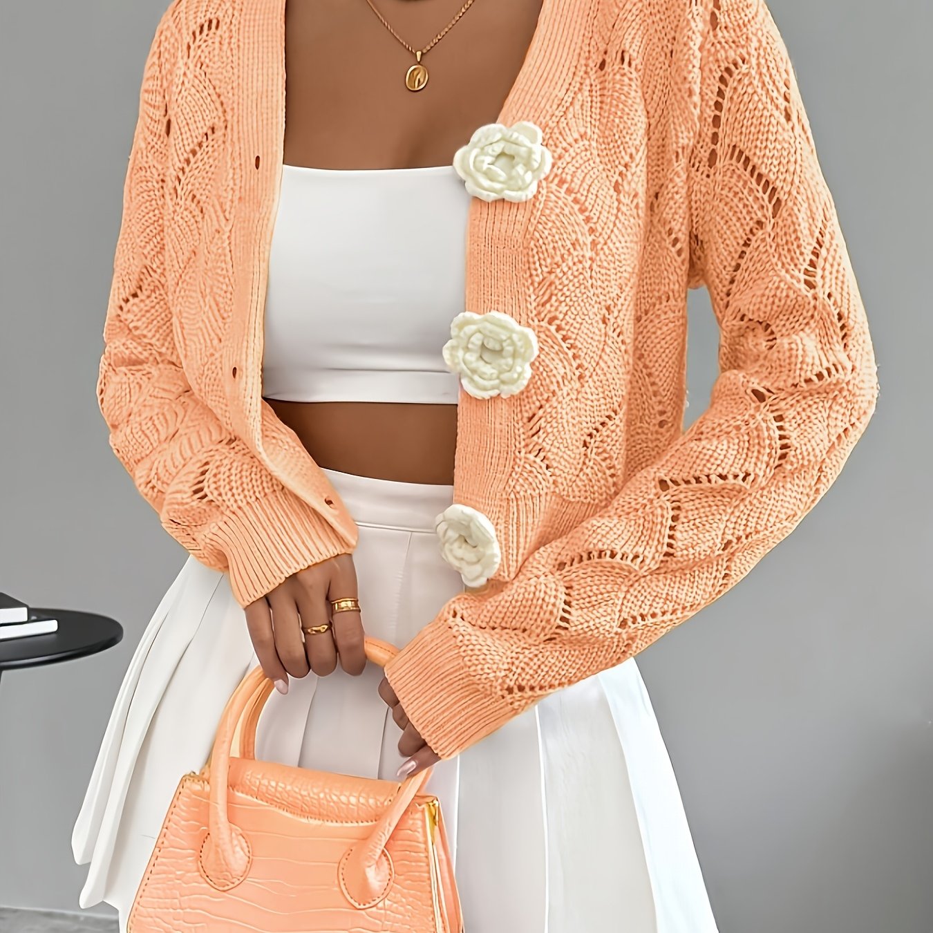 Women's Crochet Knit Cardigan | Elegant Long White Cardigan with 3D Floral Buttons 0