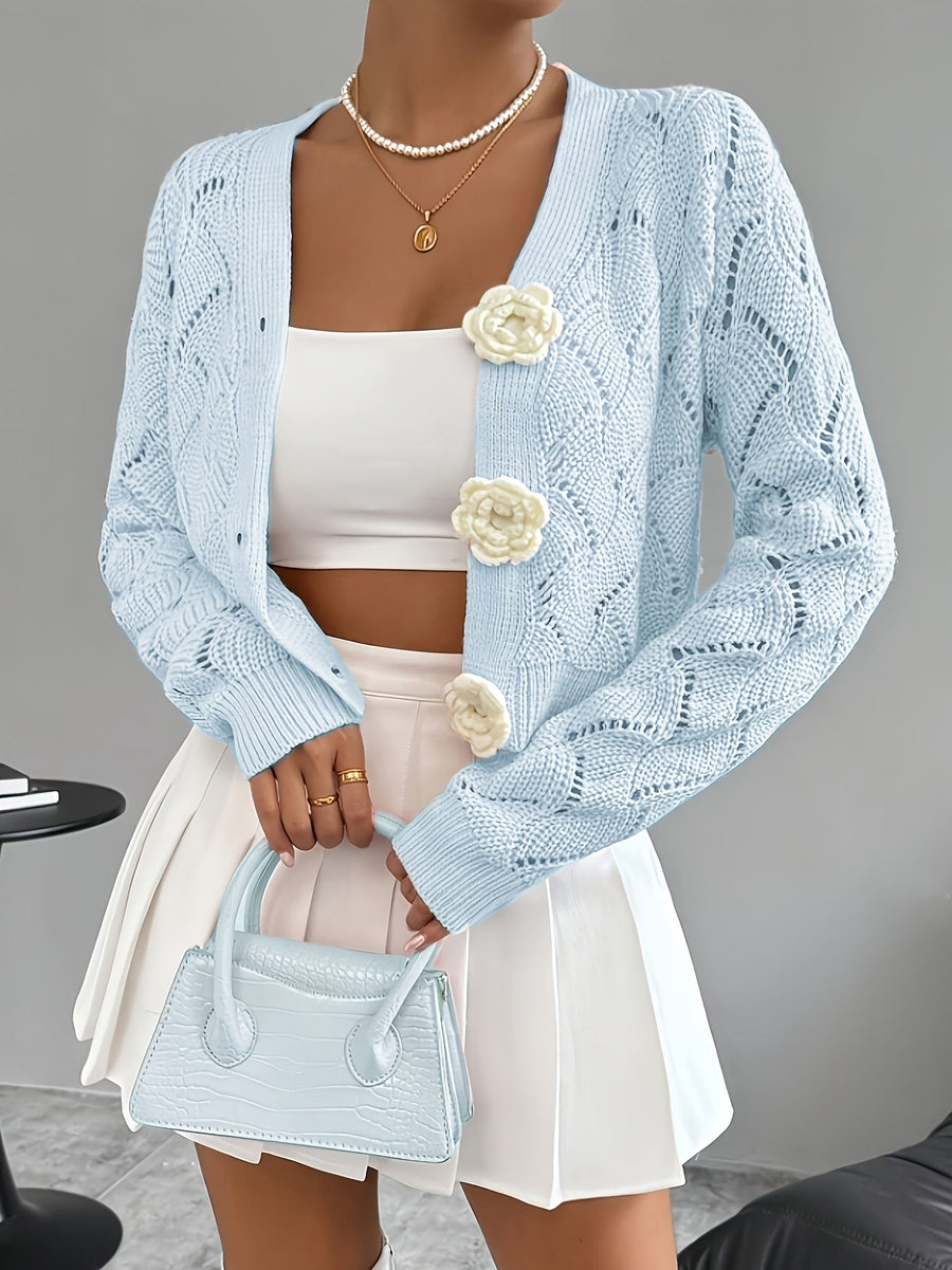 Women's Crochet Knit Cardigan | Elegant Long White Cardigan with 3D Floral Buttons 1