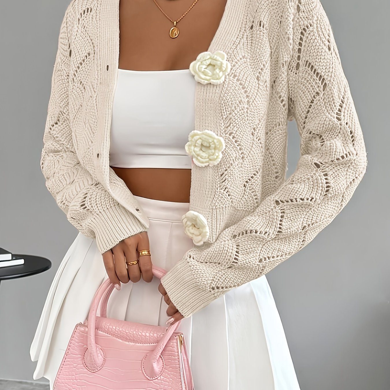 Women's Crochet Knit Cardigan | Elegant Long White Cardigan with 3D Floral Buttons 10