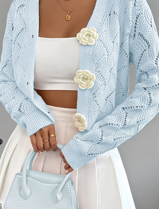 Women's Crochet Knit Cardigan | Elegant Long White Cardigan with 3D Floral Buttons 11