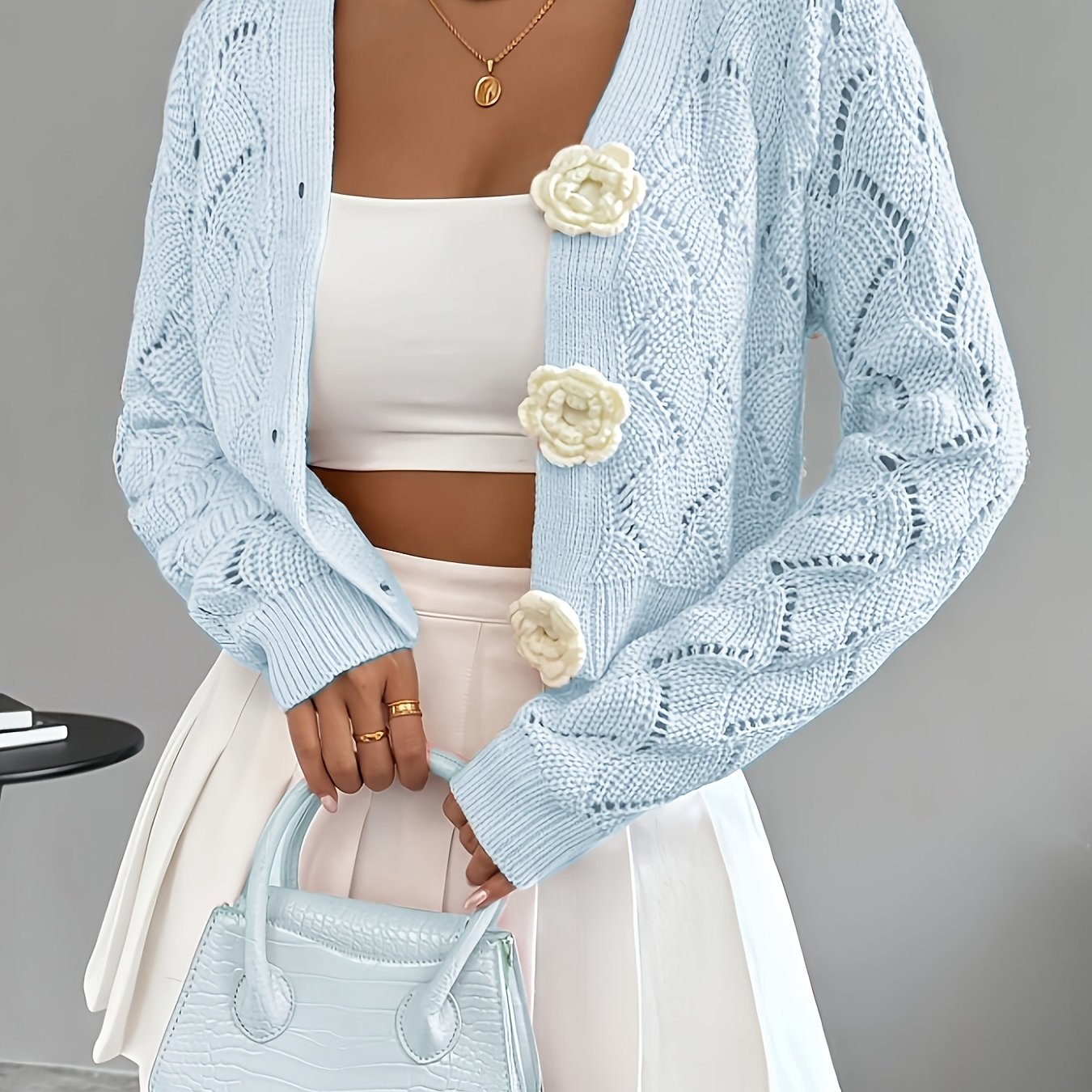Women's Crochet Knit Cardigan | Elegant Long White Cardigan with 3D Floral Buttons 11