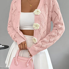 Women's Crochet Knit Cardigan | Elegant Long White Cardigan with 3D Floral Buttons 12
