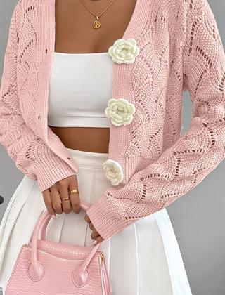 Women's Crochet Knit Cardigan | Elegant Long White Cardigan with 3D Floral Buttons 12