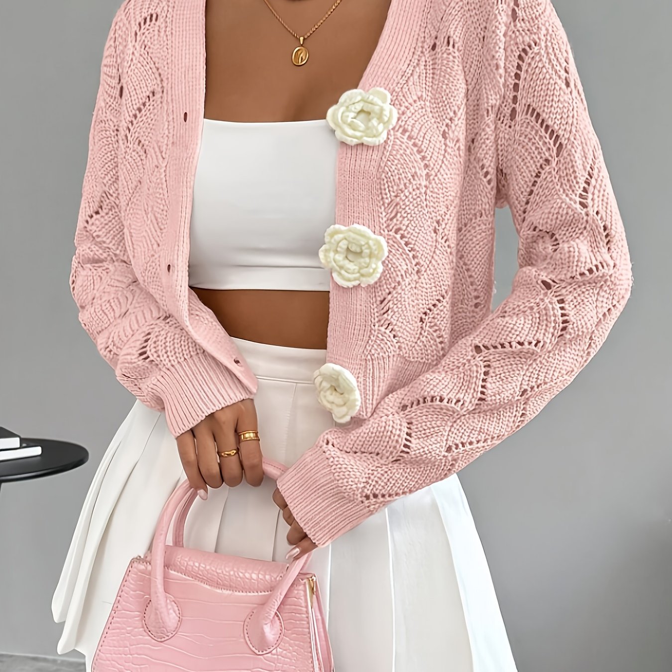Women's Crochet Knit Cardigan | Elegant Long White Cardigan with 3D Floral Buttons 12