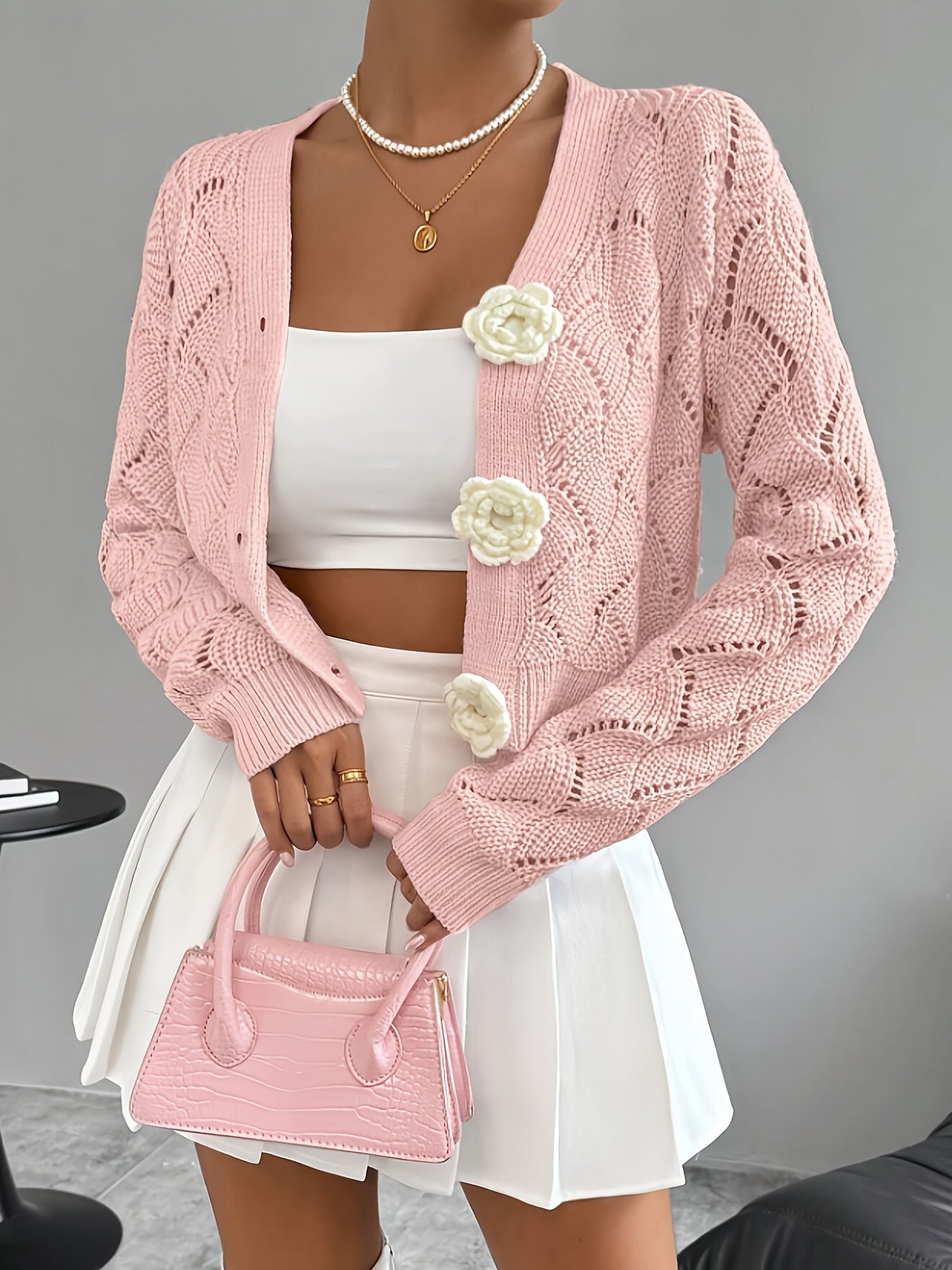 Women's Crochet Knit Cardigan | Elegant Long White Cardigan with 3D Floral Buttons 2