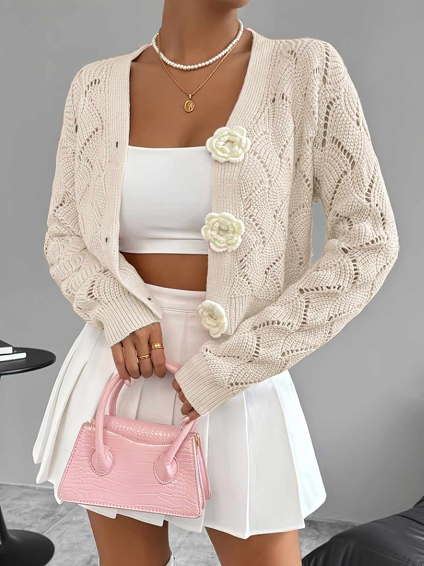 Women's Crochet Knit Cardigan | Elegant Long White Cardigan with 3D Floral Buttons 4
