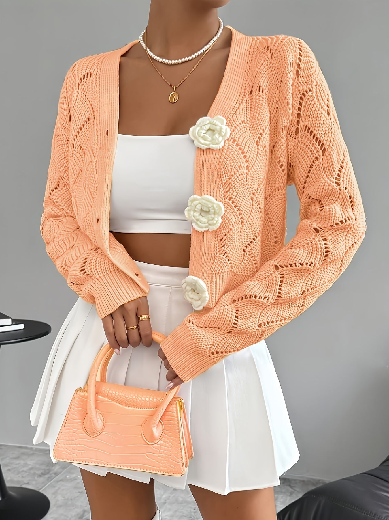 Women's Crochet Knit Cardigan | Elegant Long White Cardigan with 3D Floral Buttons 5