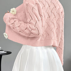 Women's Crochet Knit Cardigan | Elegant Long White Cardigan with 3D Floral Buttons 6