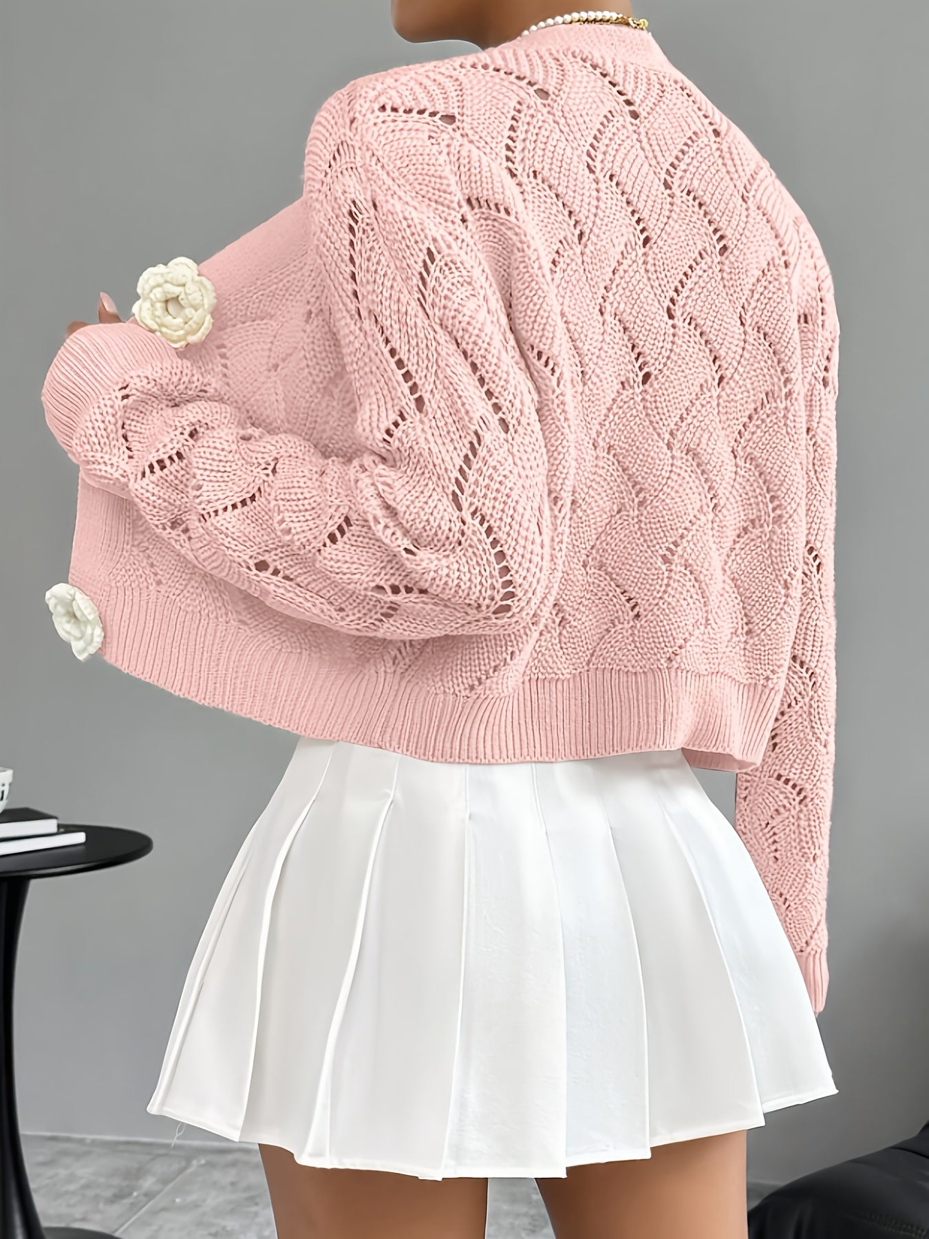 Women's Crochet Knit Cardigan | Elegant Long White Cardigan with 3D Floral Buttons 6