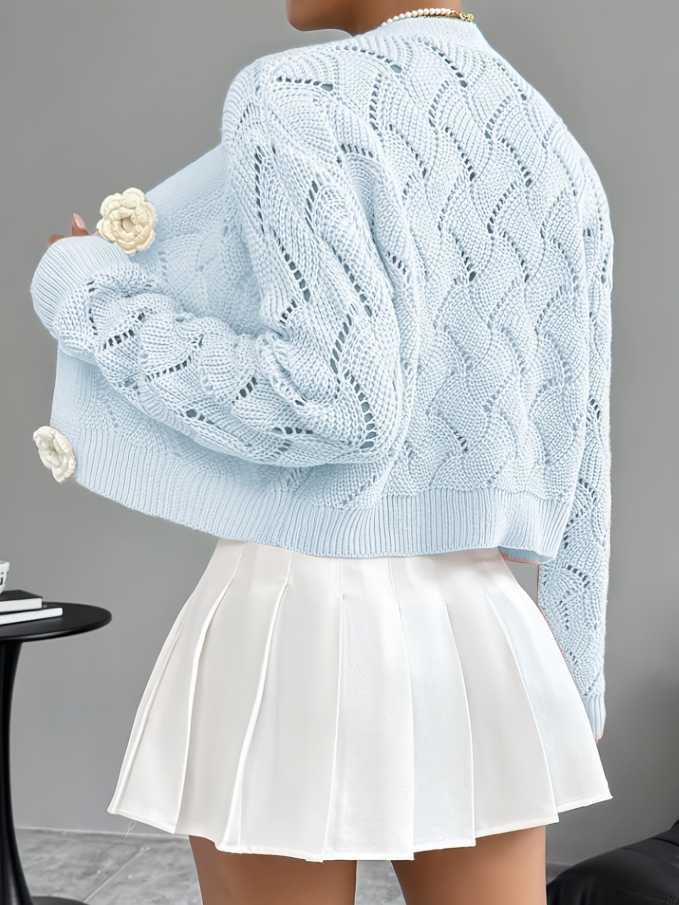 Women's Crochet Knit Cardigan | Elegant Long White Cardigan with 3D Floral Buttons 7