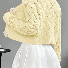 Women's Crochet Knit Cardigan | Elegant Long White Cardigan with 3D Floral Buttons 8