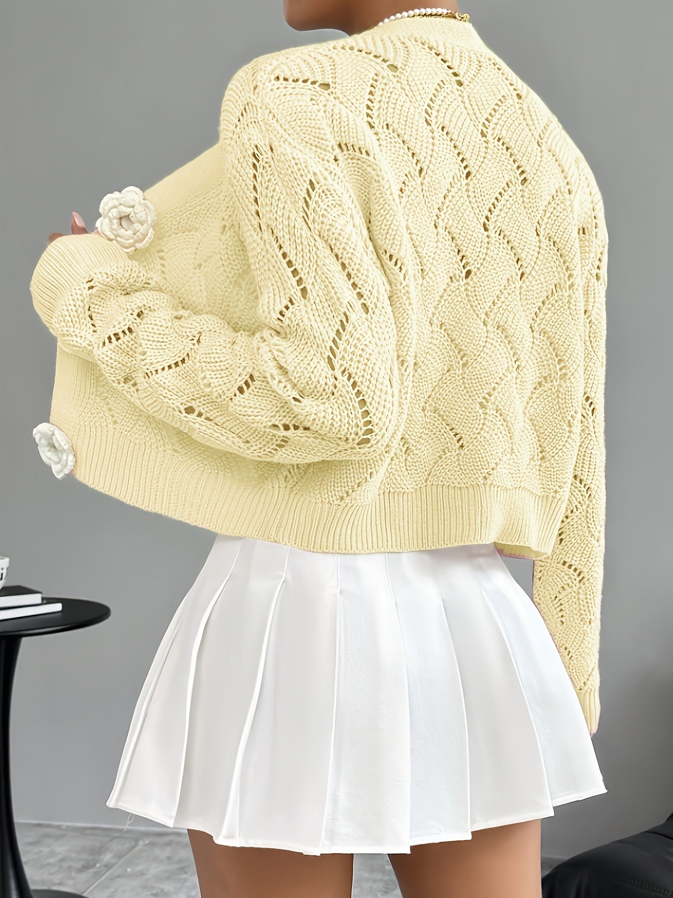 Women's Crochet Knit Cardigan | Elegant Long White Cardigan with 3D Floral Buttons 8