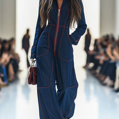 Women's Denim Jumpsuit | Elegant Wide Leg Long Sleeve Zip-Front Design 0