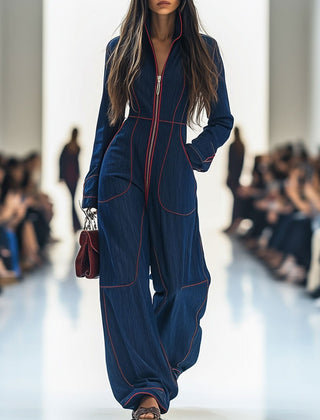 Women's Denim Jumpsuit | Elegant Wide Leg Long Sleeve Zip-Front Design 0