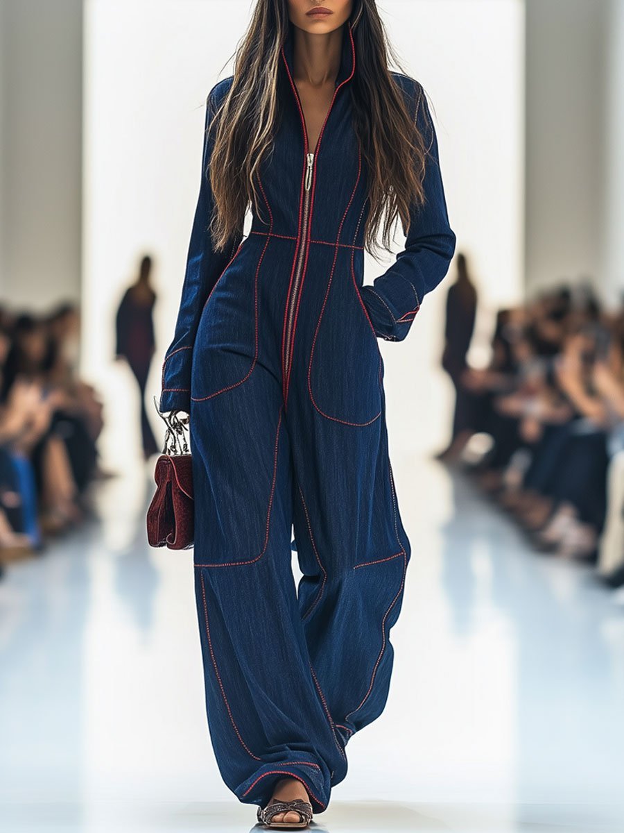 Women's Denim Jumpsuit | Elegant Wide Leg Long Sleeve Zip-Front Design 0