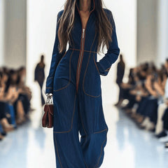 Women's Denim Jumpsuit | Elegant Wide Leg Long Sleeve Zip-Front Design 1