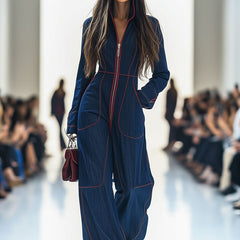 Women's Denim Jumpsuit | Elegant Wide Leg Long Sleeve Zip-Front Design 2