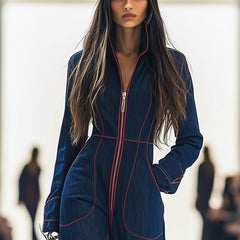 Women's Denim Jumpsuit | Elegant Wide Leg Long Sleeve Zip-Front Design 3