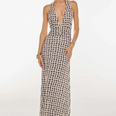 Women's Digital Polka Dot Maxi Dress | Elegant V-Neck Evening Gown for Special Occasions 0