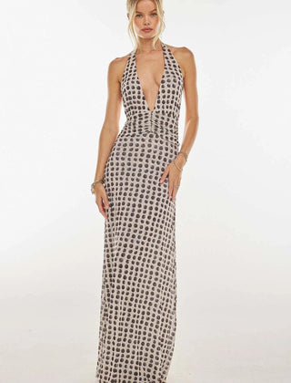 Women's Digital Polka Dot Maxi Dress | Elegant V-Neck Evening Gown for Special Occasions 0