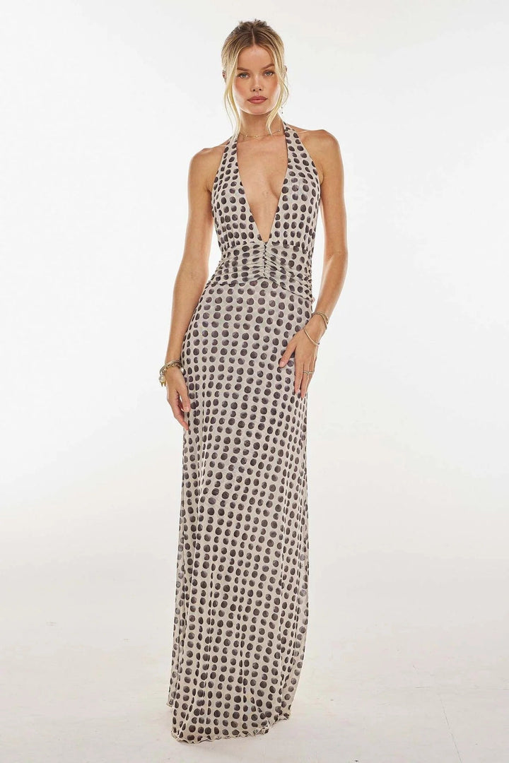 Women's Digital Polka Dot Maxi Dress | Elegant V-Neck Evening Gown for Special Occasions 0