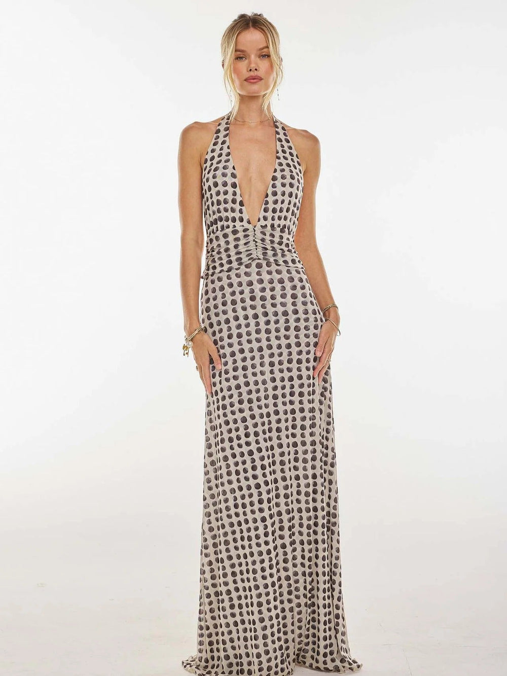 Women's Digital Polka Dot Maxi Dress | Elegant V-Neck Evening Gown for Special Occasions 1