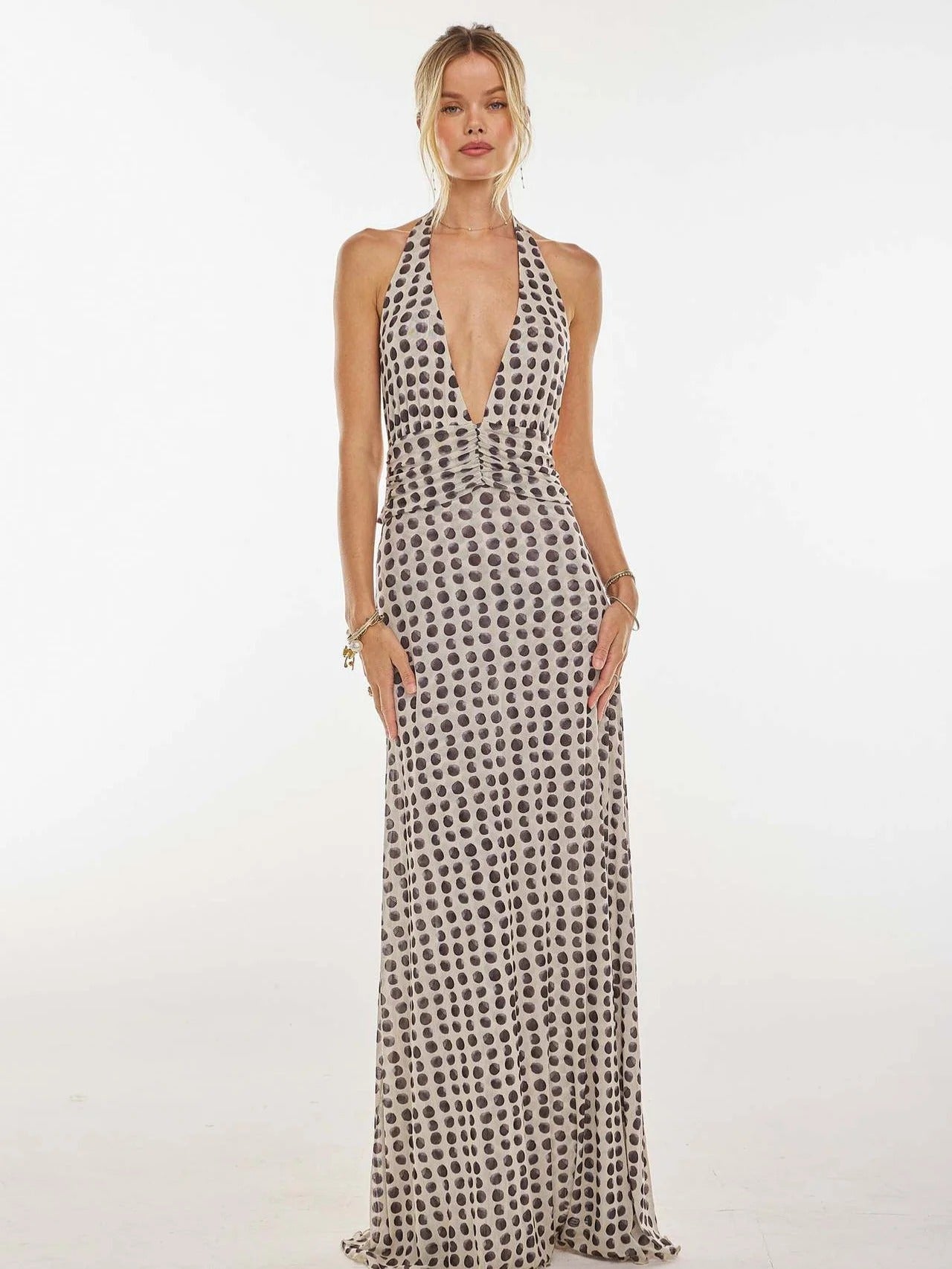 Women's Digital Polka Dot Maxi Dress | Elegant V-Neck Evening Gown for Special Occasions 1