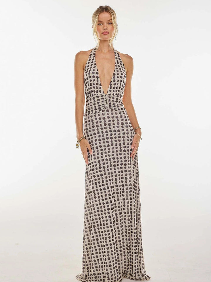 Women's Digital Polka Dot Maxi Dress | Elegant V-Neck Evening Gown for Special Occasions 1