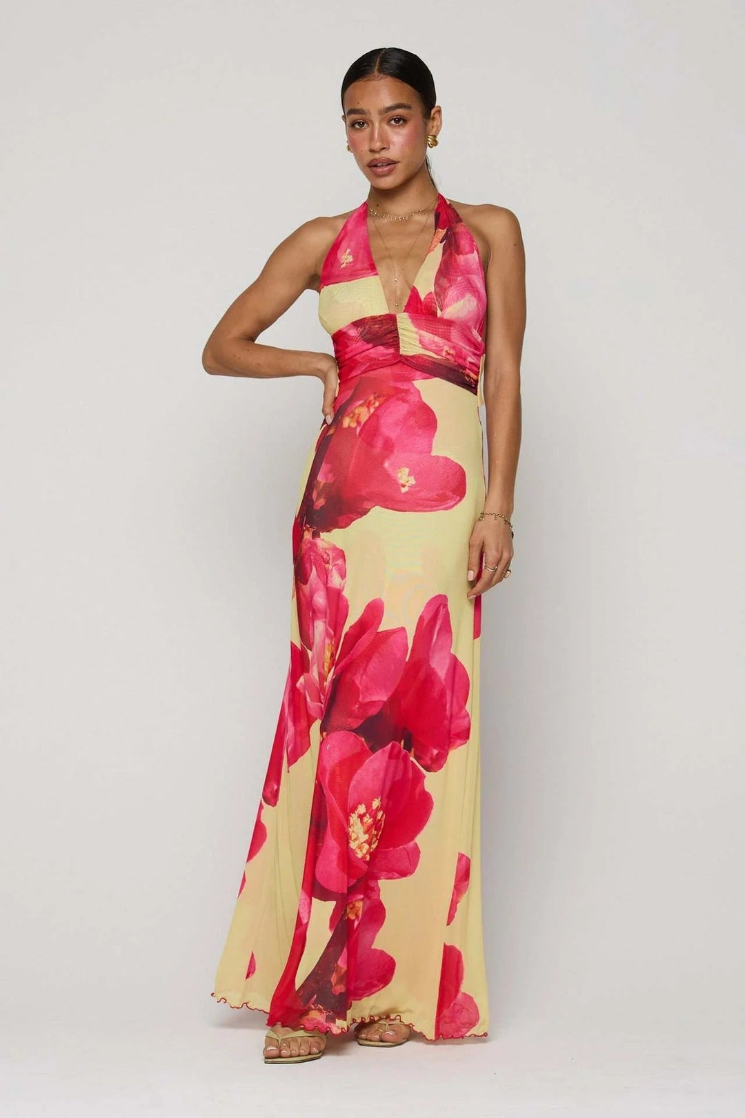 Women's Digital Polka Dot Maxi Dress | Elegant V-Neck Evening Gown for Special Occasions 10