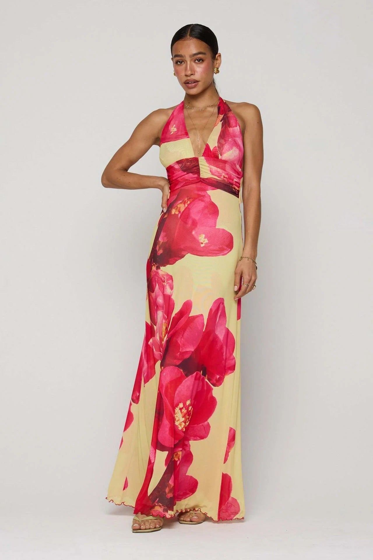 Women's Digital Polka Dot Maxi Dress | Elegant V-Neck Evening Gown for Special Occasions 10