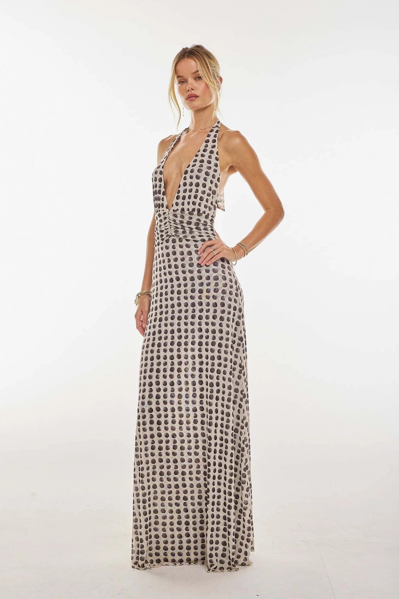 Women's Digital Polka Dot Maxi Dress | Elegant V-Neck Evening Gown for Special Occasions 3