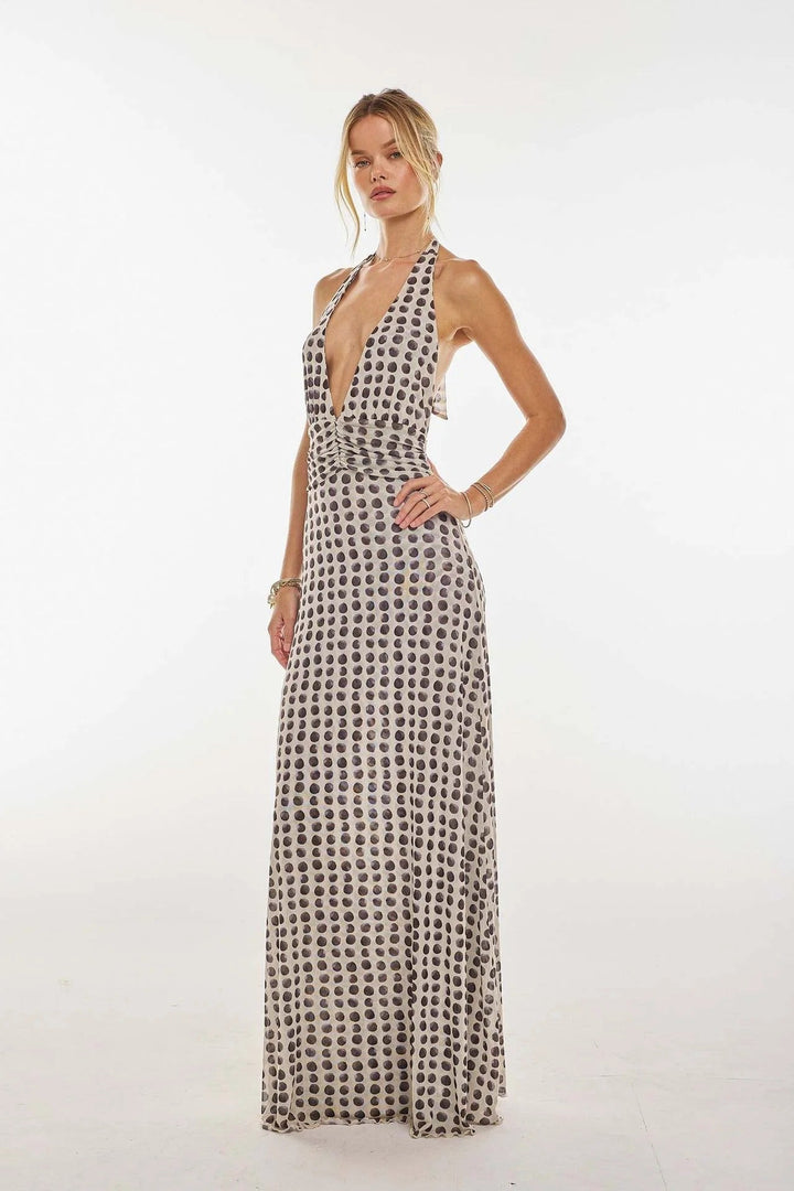 Women's Digital Polka Dot Maxi Dress | Elegant V-Neck Evening Gown for Special Occasions 3
