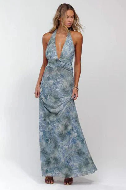 Women's Digital Polka Dot Maxi Dress | Elegant V-Neck Evening Gown for Special Occasions 6