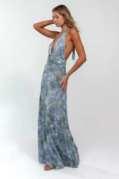 Women's Digital Polka Dot Maxi Dress | Elegant V-Neck Evening Gown for Special Occasions 7