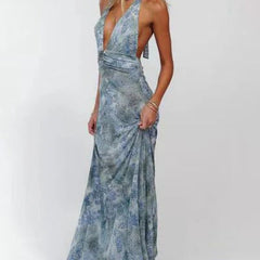 Women's Digital Polka Dot Maxi Dress | Elegant V-Neck Evening Gown for Special Occasions 8