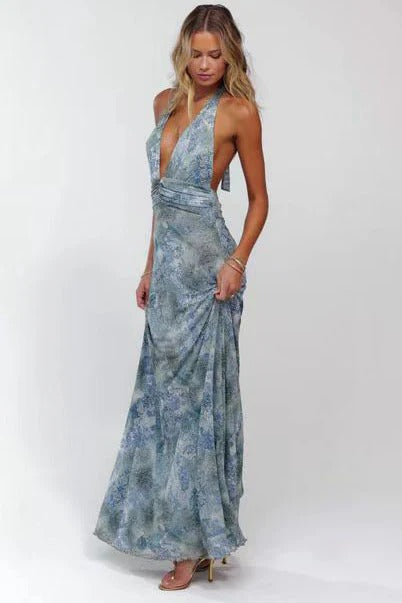 Women's Digital Polka Dot Maxi Dress | Elegant V-Neck Evening Gown for Special Occasions 8