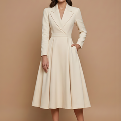 Women's Elegant A-Line Midi Dress | Chic Notched Lapel Deep V-Neck Cocktail Dress 0