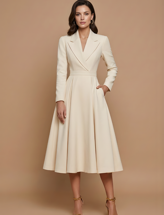 Women's Elegant A-Line Midi Dress | Chic Notched Lapel Deep V-Neck Cocktail Dress 0