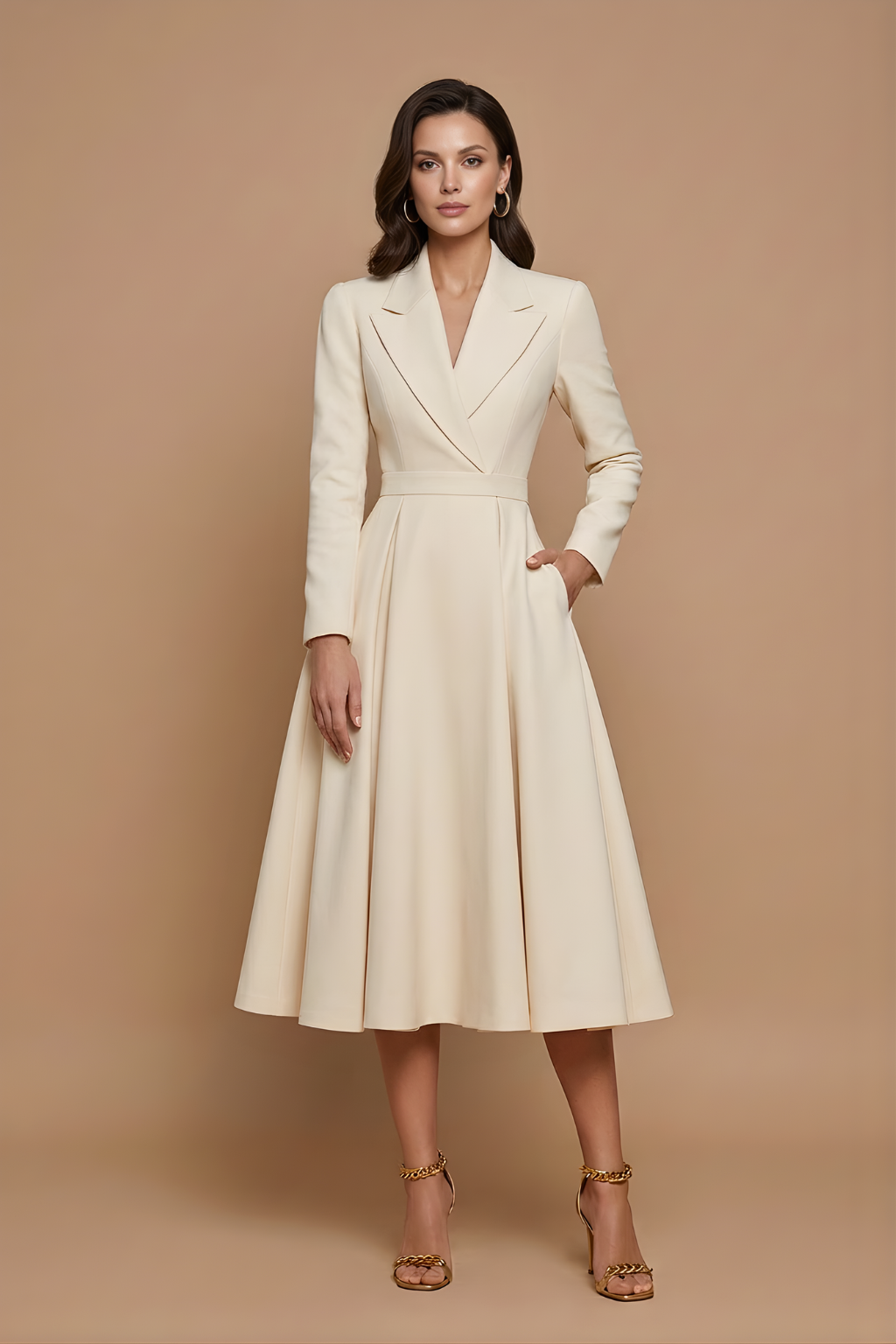 Women's Elegant A-Line Midi Dress | Chic Notched Lapel Deep V-Neck Cocktail Dress 0