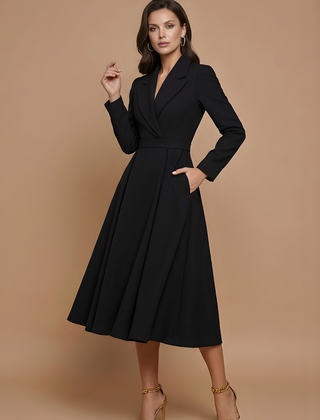 Women's Elegant A-Line Midi Dress | Chic Notched Lapel Deep V-Neck Cocktail Dress 4
