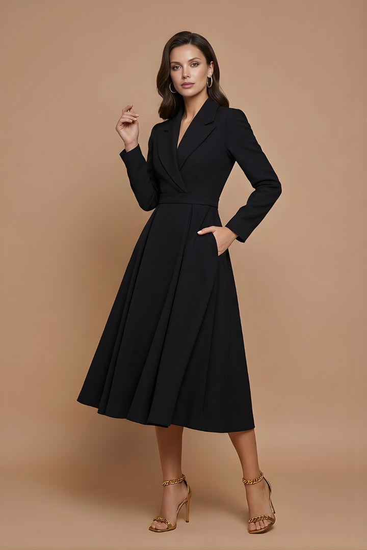 Women's Elegant A-Line Midi Dress | Chic Notched Lapel Deep V-Neck Cocktail Dress 4