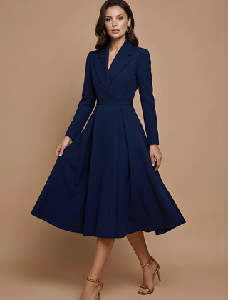 Women's Elegant A-Line Midi Dress | Chic Notched Lapel Deep V-Neck Cocktail Dress 5