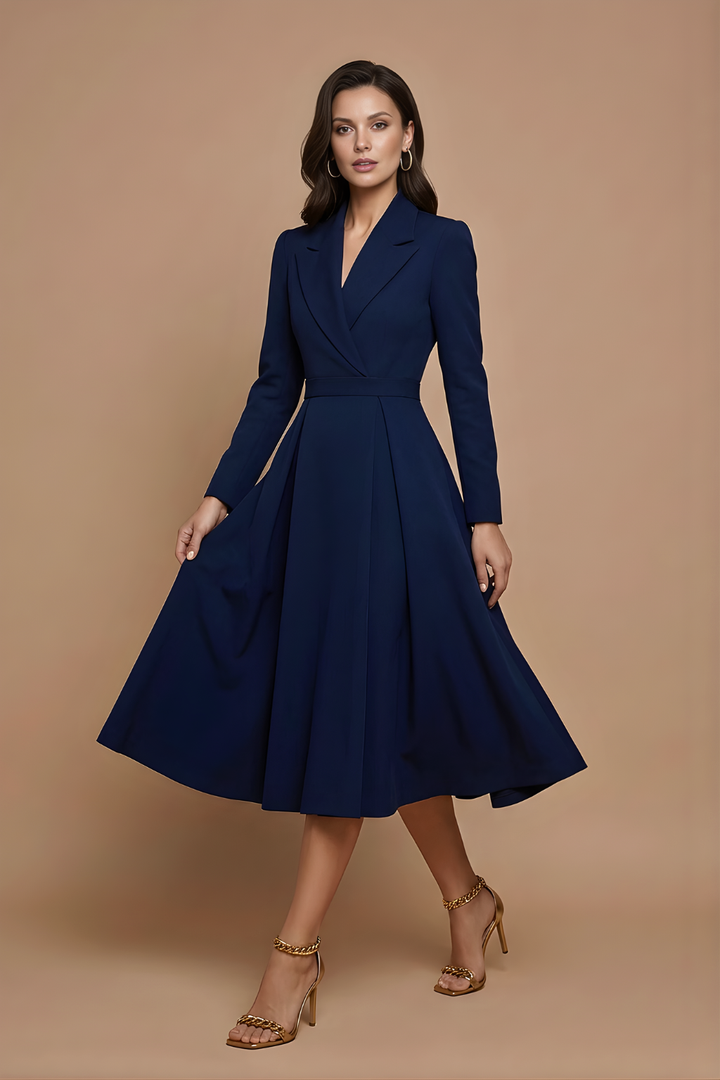 Women's Elegant A-Line Midi Dress | Chic Notched Lapel Deep V-Neck Cocktail Dress 5