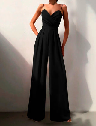 Women's Elegant Black Spaghetti Strap Jumpsuit | Sweetheart Neck Wide Leg Design 0