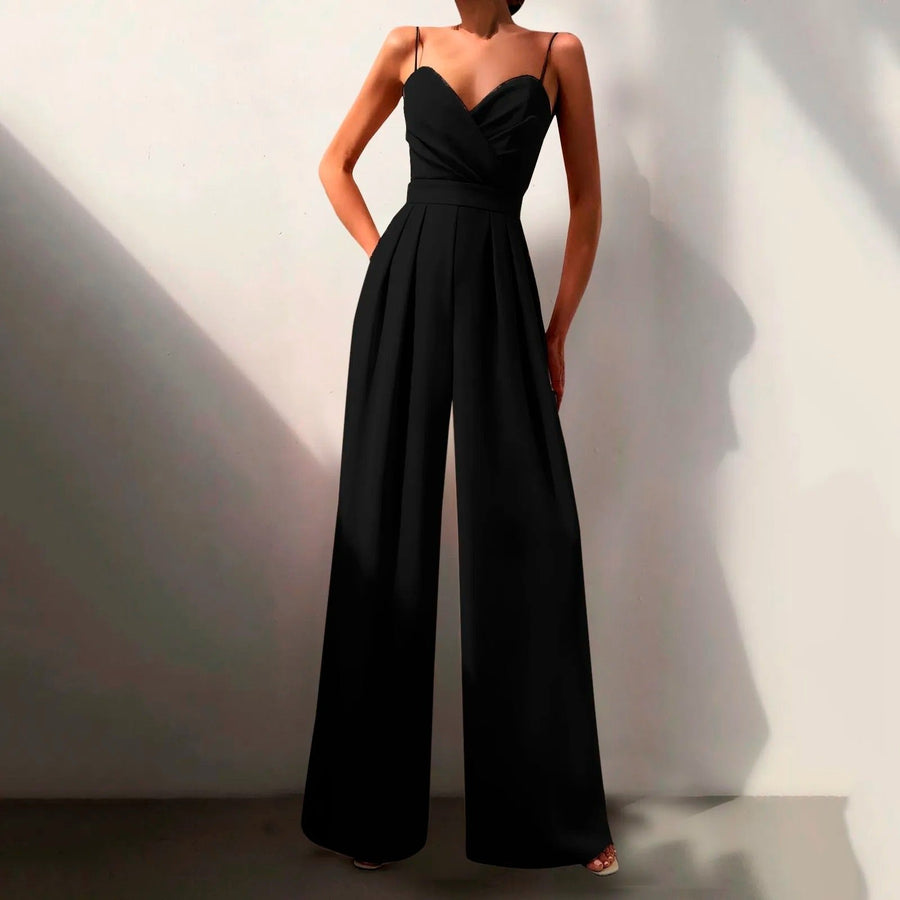 Women's Elegant Black Spaghetti Strap Jumpsuit | Sweetheart Neck Wide Leg Design 0