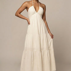 Women's Elegant Chiffon Maxi Dress | Flowing Halter Neck Summer Gown 0