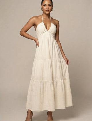 Women's Elegant Chiffon Maxi Dress | Flowing Halter Neck Summer Gown 0