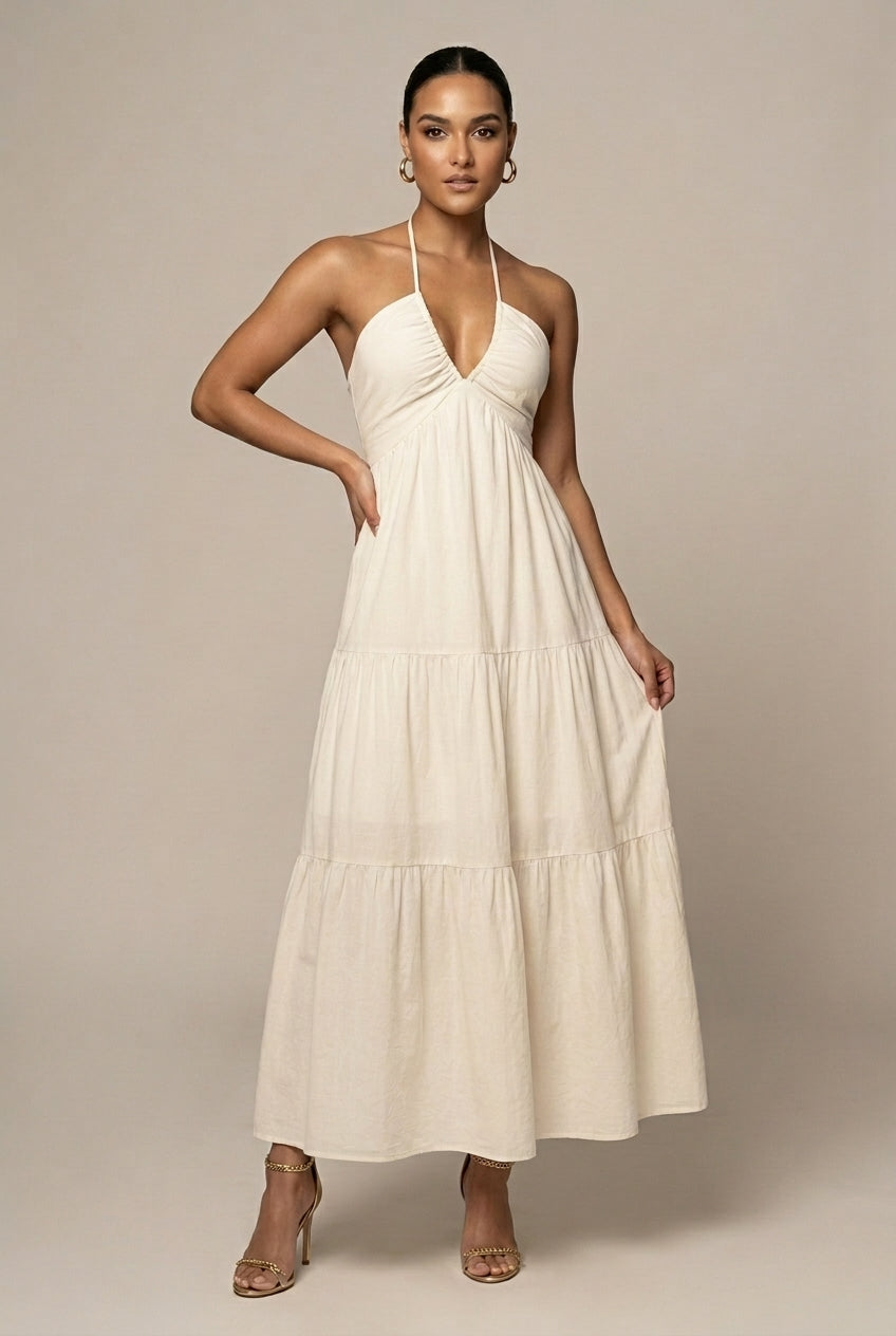 Women's Elegant Chiffon Maxi Dress | Flowing Halter Neck Summer Gown 0