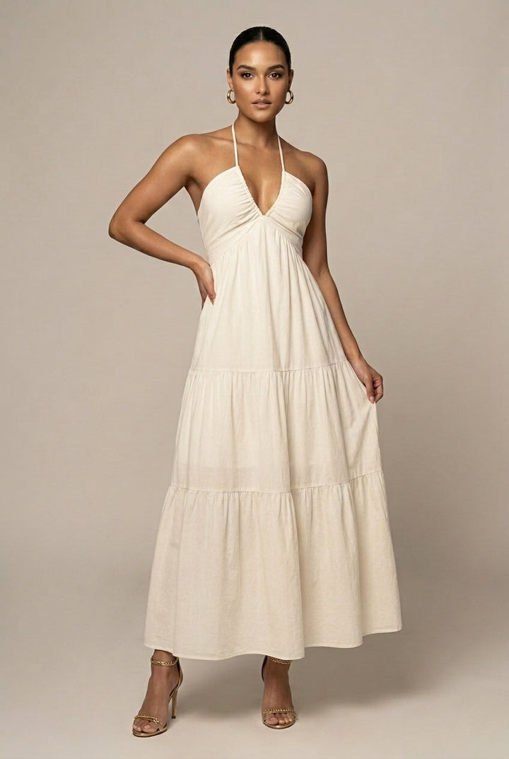 Women's Elegant Chiffon Maxi Dress | Flowing Halter Neck Summer Gown 0