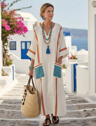 Women's Elegant Contrast Trim Maxi Dress | Relaxed Fit Summer Dress with Pockets 1